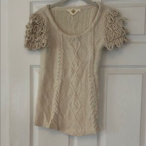 Anthropologie Cream Cable Knit Crew Neck Sweater with Ruffled Sleeves